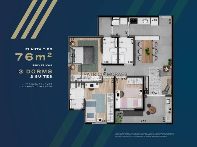 Planta de 75 m² com 3 dormitórios