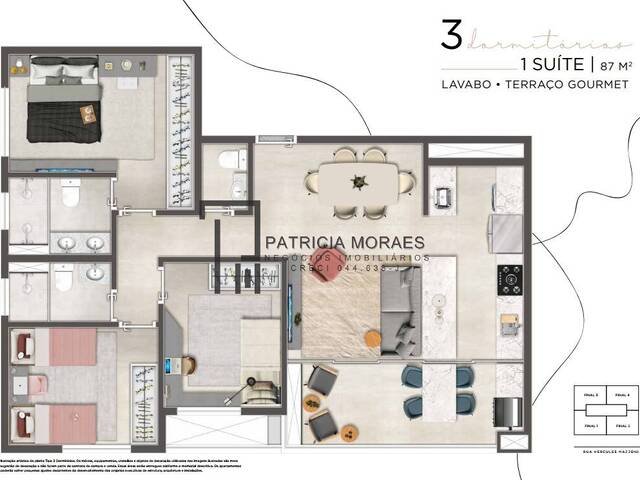 Planta 87m² 3 dormitórios 1 suíte